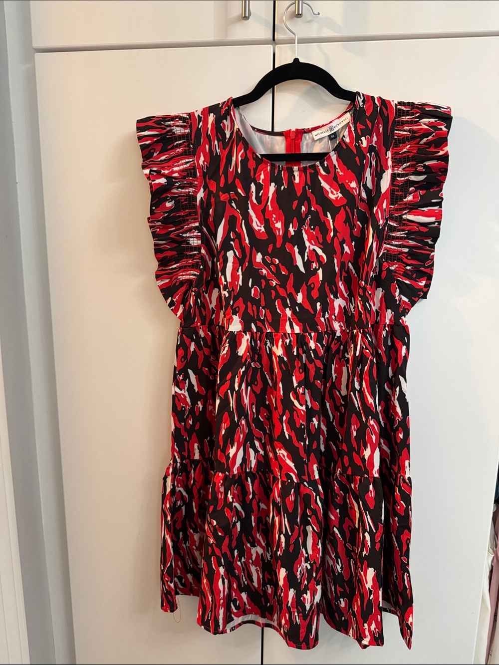 Michelle McDowell- NTW- medium Red & Black Ruffle Sleeve Tiered Dress